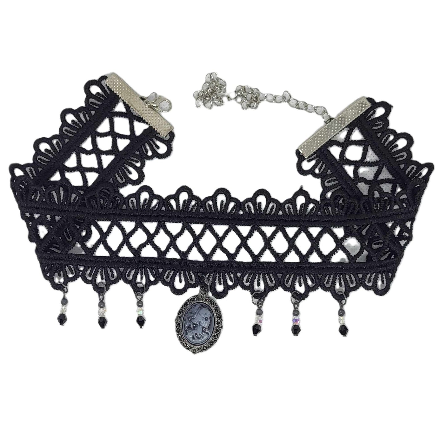 Hyde Creek Finery Black Lace Choker w/Skeleton Cameo