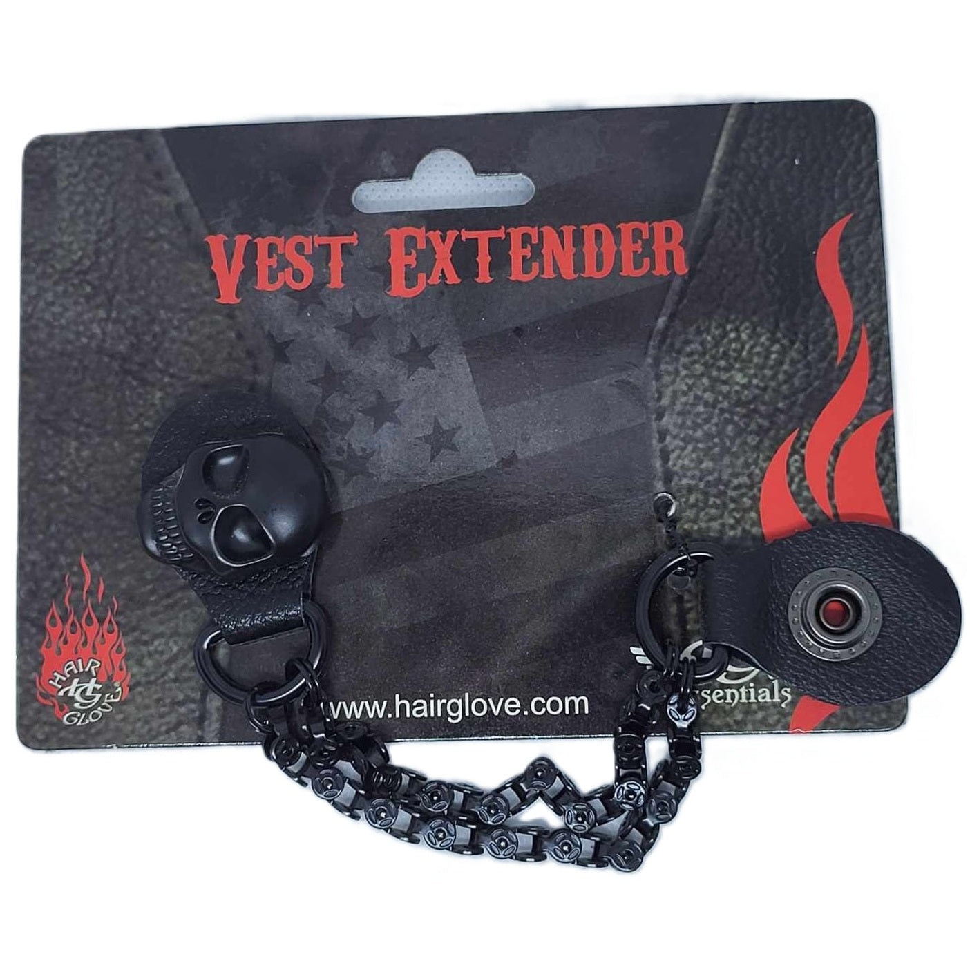 Hair Glove Men's Motorcycle Biker Vest Extender - Matte Black Skull 7.5"-on card