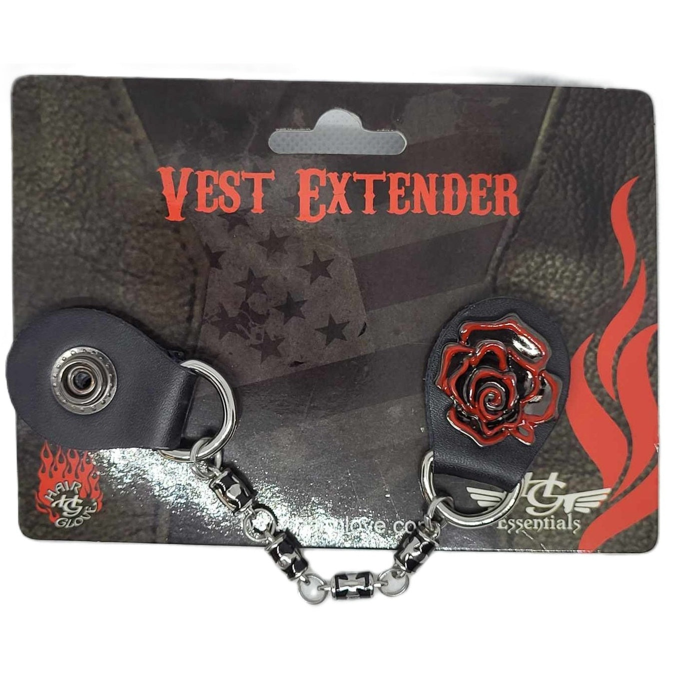 Hair Glove Women's Motorcycle Biker Vest Extender-Red Metal Rose 6.5"-on card