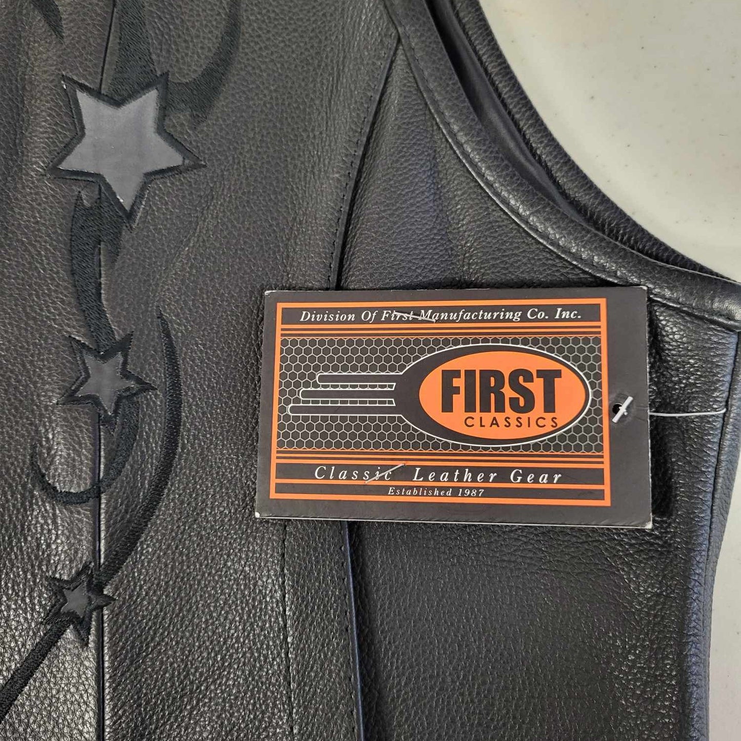 FMC Ladies Star Leather Motorcycle Vest-classic leather gear tag