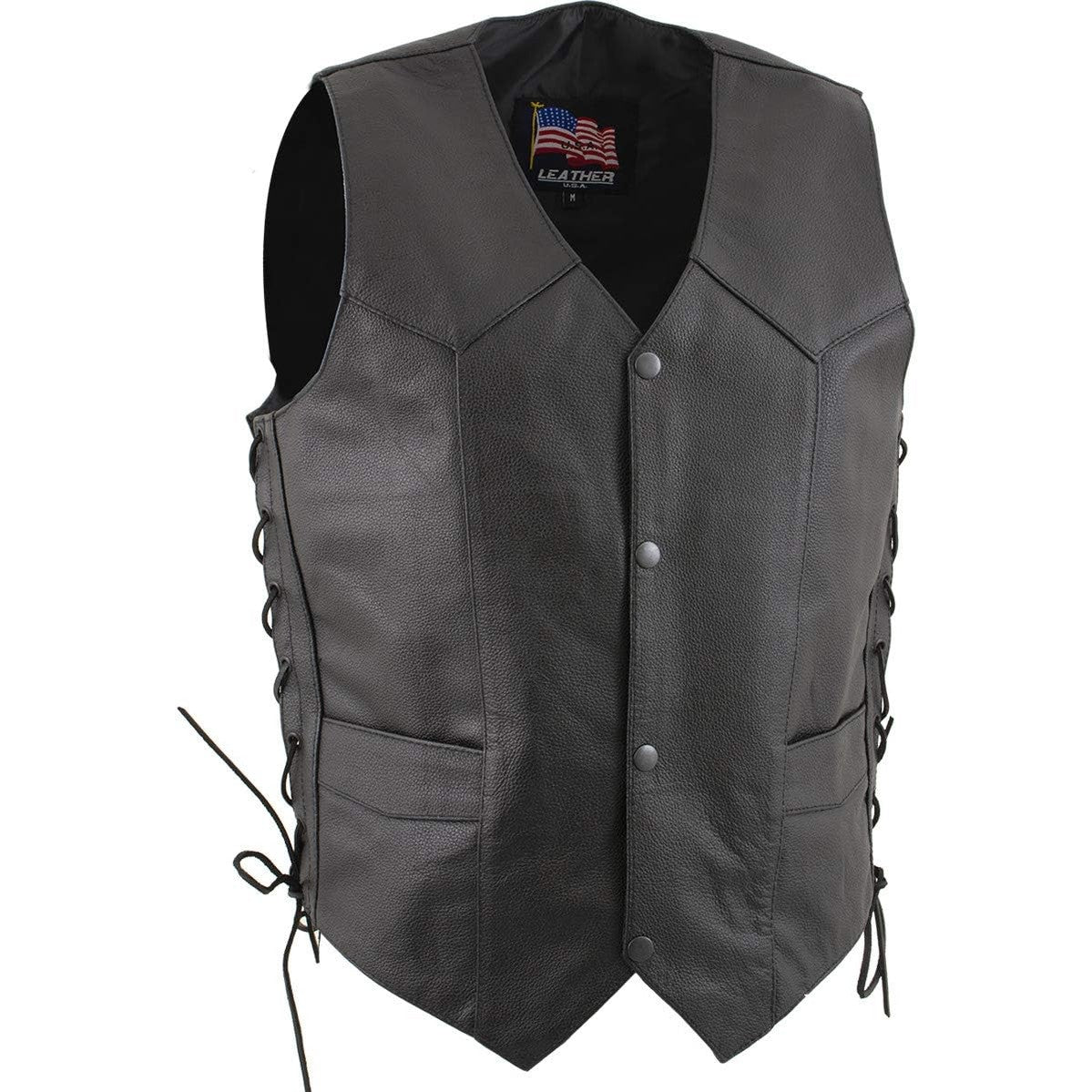 USA Leather Men's 4-Button V-Neck Lace-Up Motorcycle Vest 2XL