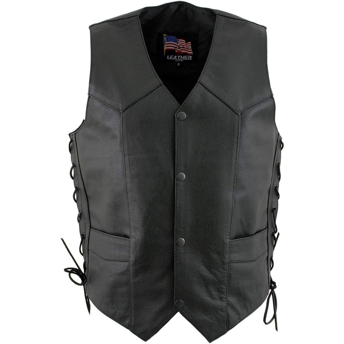 USA Leather Men's 4-Button V-Neck Lace-Up Motorcycle Vest 2XL