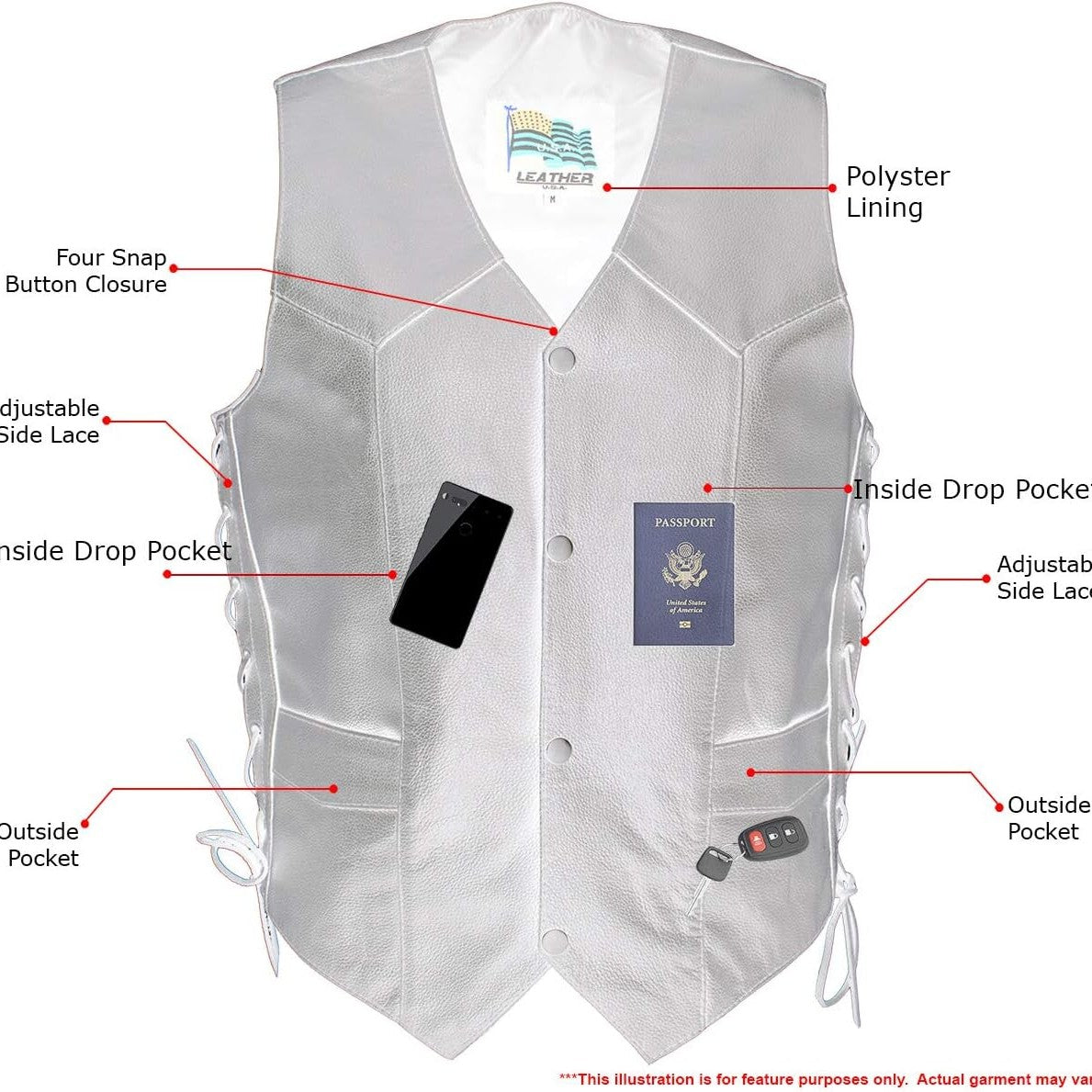 USA Leather Men's 4-Button V-Neck Lace-Up Motorcycle Vest 2XL