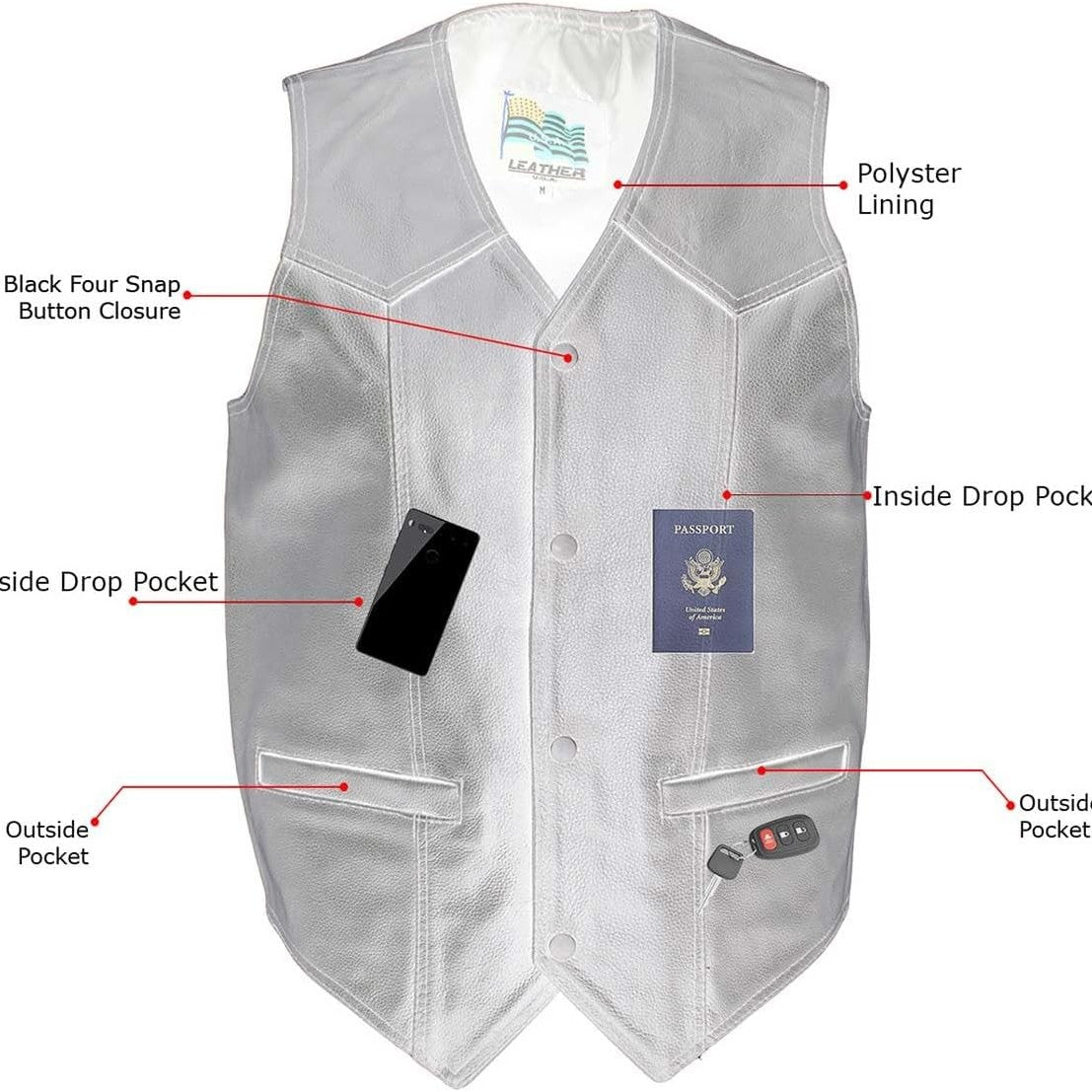 USA Leather Men's Classy V-Neck Motorcycle Vest 3XL