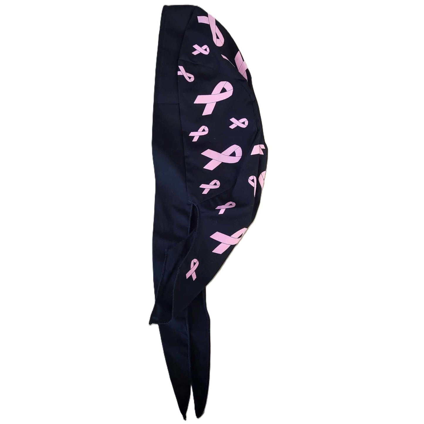 Sparkling Earth Skull Cap Doo Rag-Tossed Pink Cancer Ribbon on Black side view