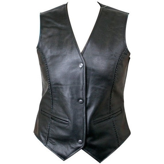 Xelement Ladies Leather V-Neck 3-Button Braided Motorcycle Vest
