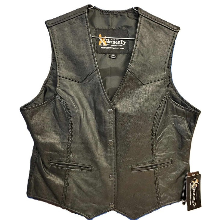 Xelement Ladies Leather V-Neck 3-Button Braided Motorcycle Vest