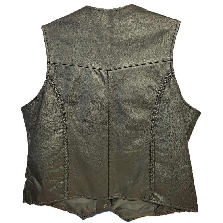 Xelement Ladies Leather V-Neck 3-Button Braided Motorcycle Vest back view