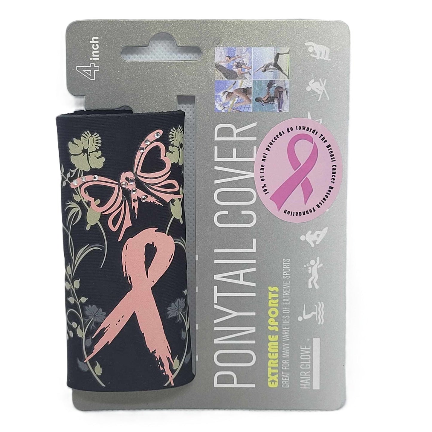 Hair Glove 4" Neoprene Hair Glove Wrap -Pink Ribbon Butterfly w/Gems on card