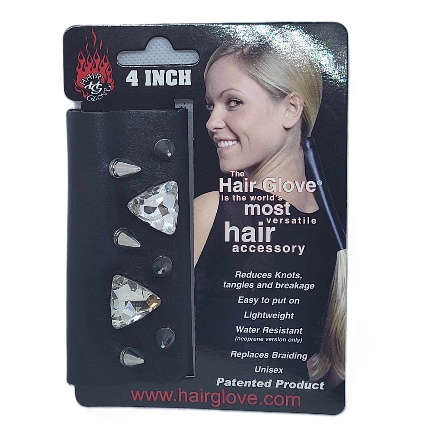 Hair Glove 4" Leather Hair Glove Wrap -Bullet Heads w/White Crystals on card