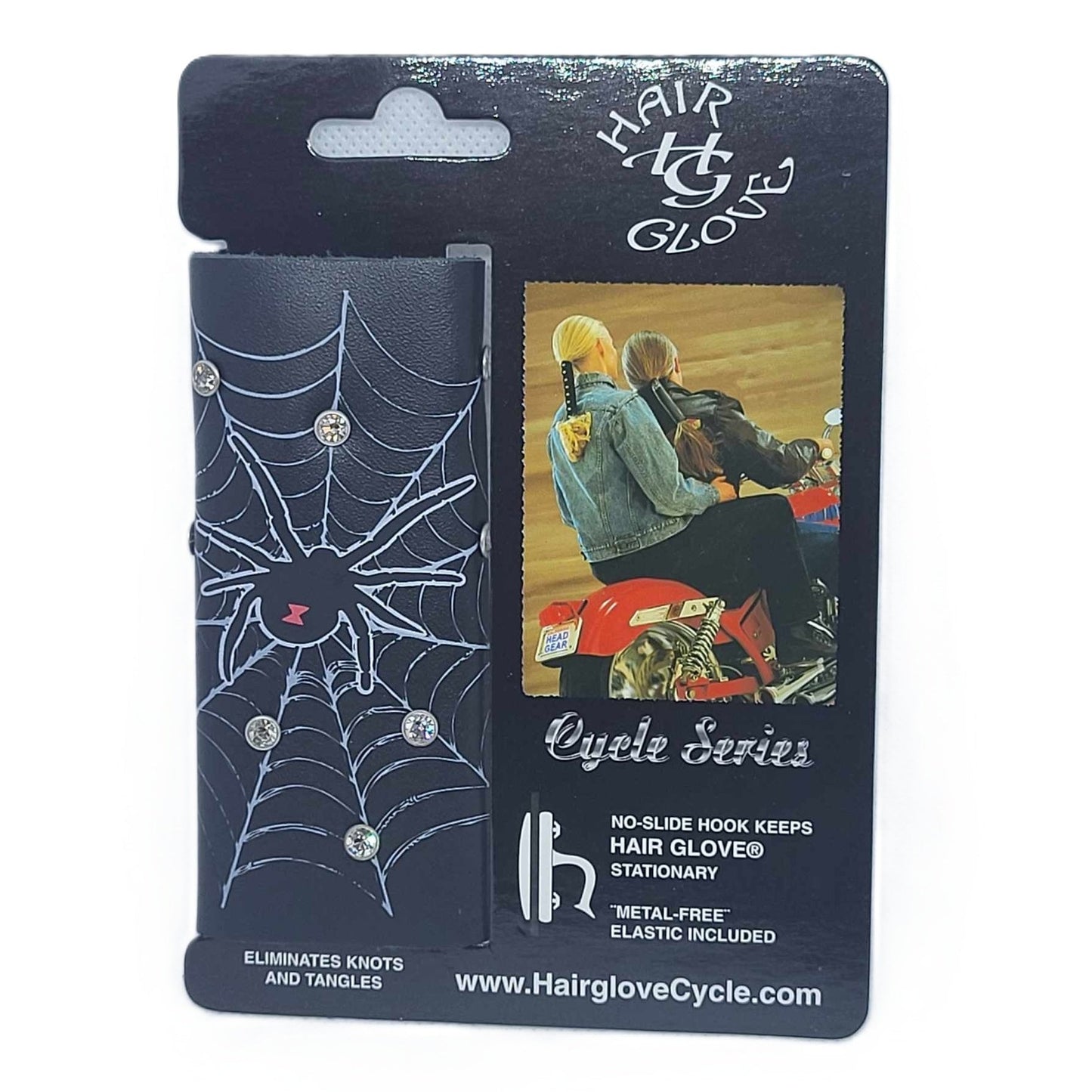 Hair Glove 4" Leather Hair Glove Wrap -Spider Web w/Rhinestones on Card
