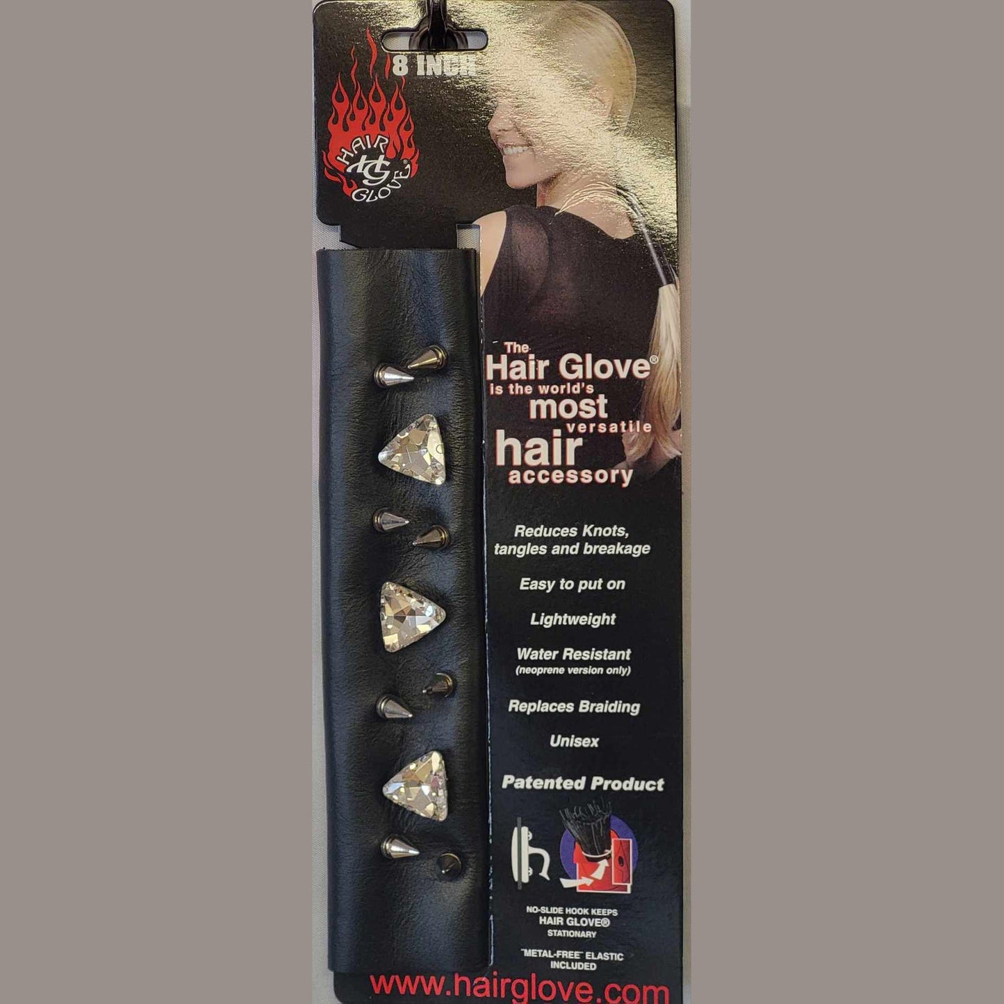 Hair Glove 8" Leather Hair Glove Wrap -Bullet Heads w/White Crystals on Card