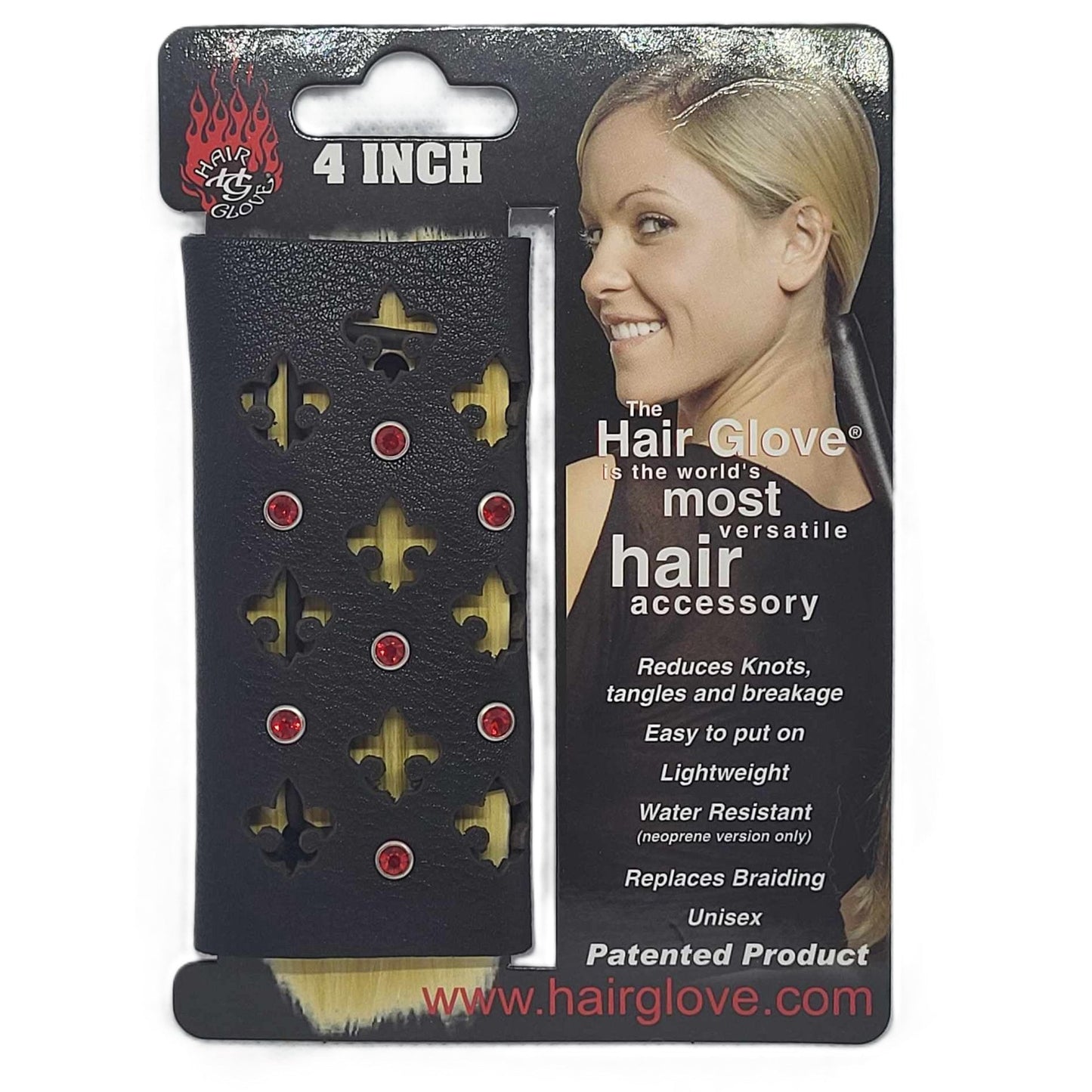 Hair Glove-4" Leather Hair Glove Wrap -Flor de Lis Cut Outs w/Red Gems