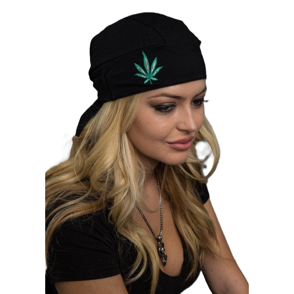 Hair Glove Motorcycle Biker Skull Cap Doo Rag -Marajuana Leaf front view