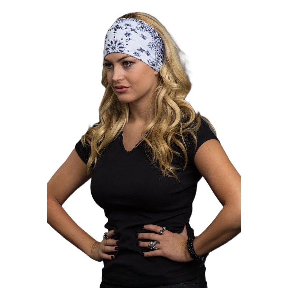 Woman wearing Hair Glove Bandana XL - White Paisley Faith 24.5"