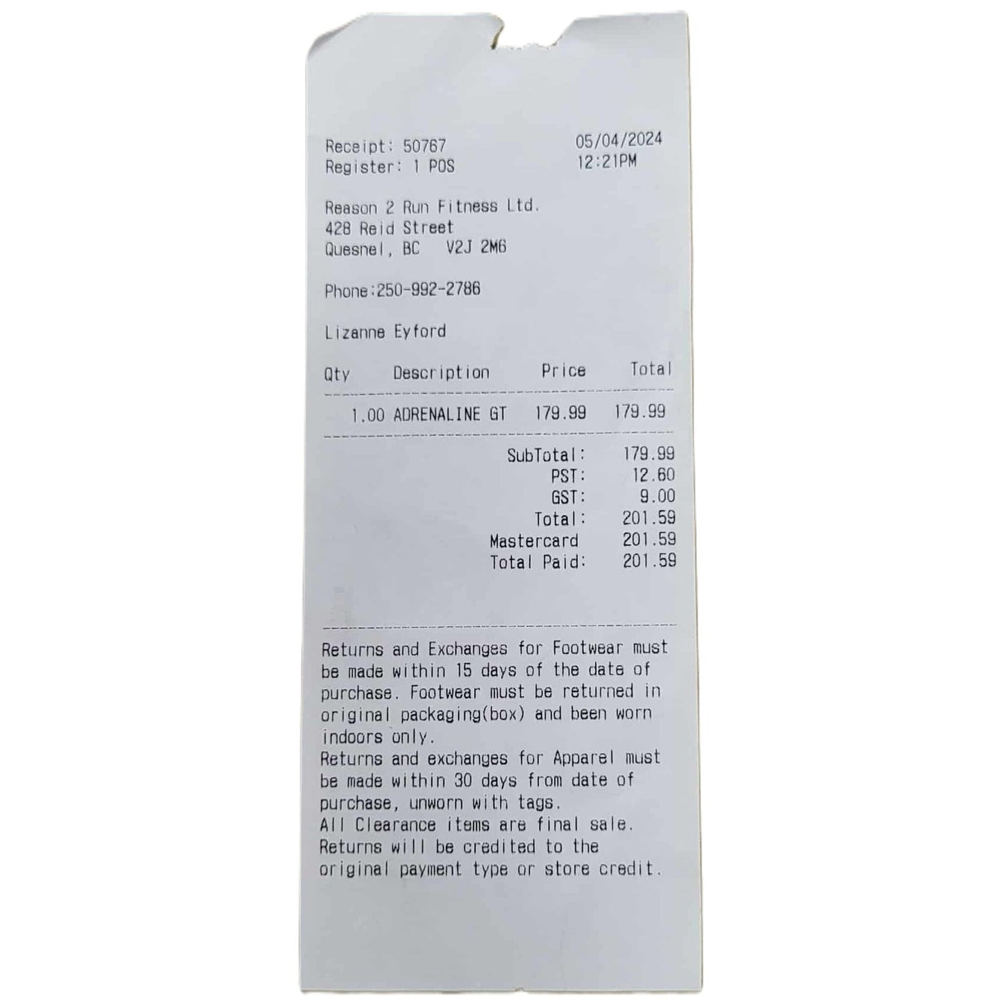 Shoe receipt
