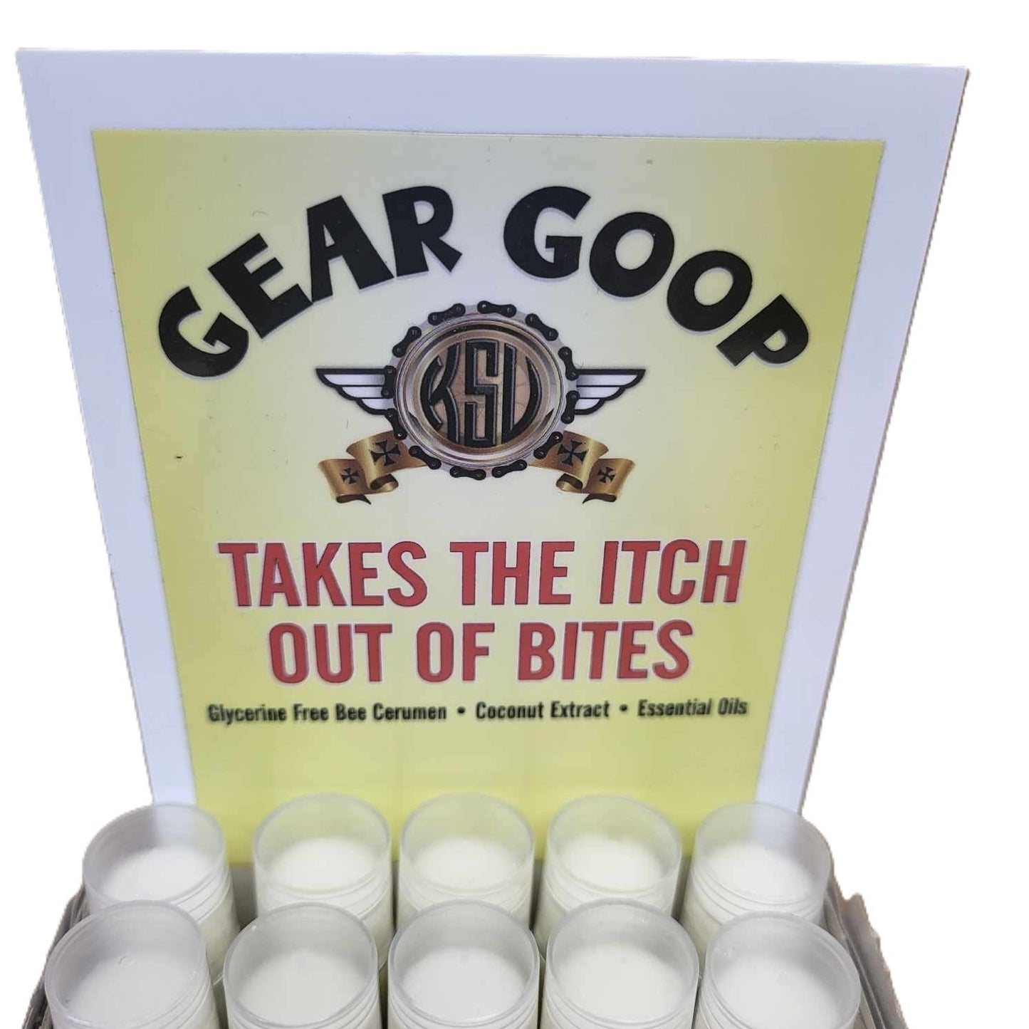 Kick Stands Up Biker Shop Gear Goop Bug Bike Relief Balm-Takes the Itch out of Bites-label