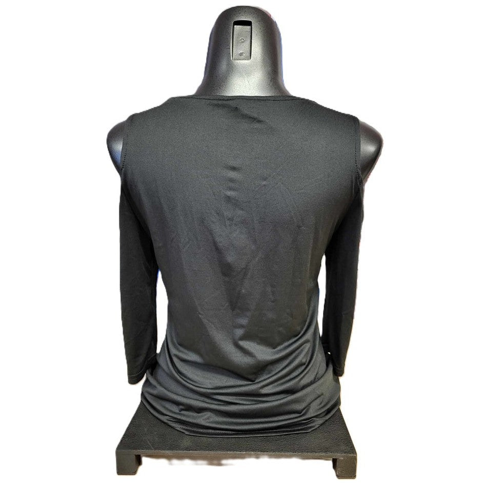 Ladies Black Cold Shoulder Lace T-Shirt front back view