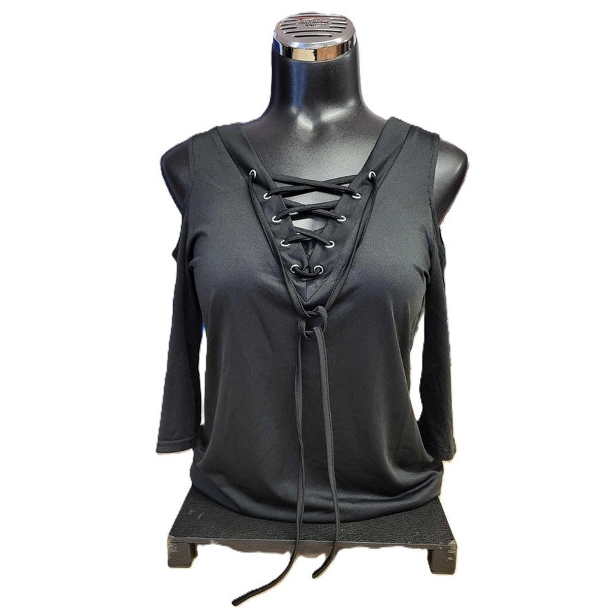 Ladies Black Cold Shoulder Lace T-Shirt front view
