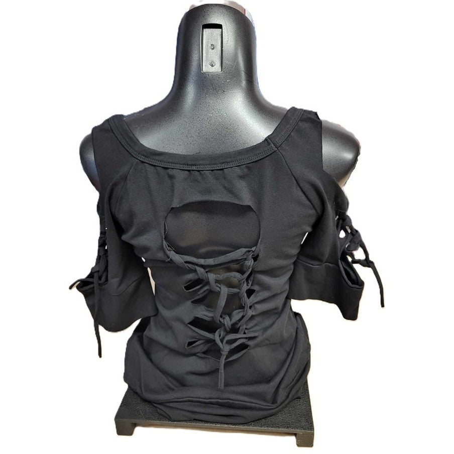 Cold Shoulder Shredded Lace Up T-Shirt back view