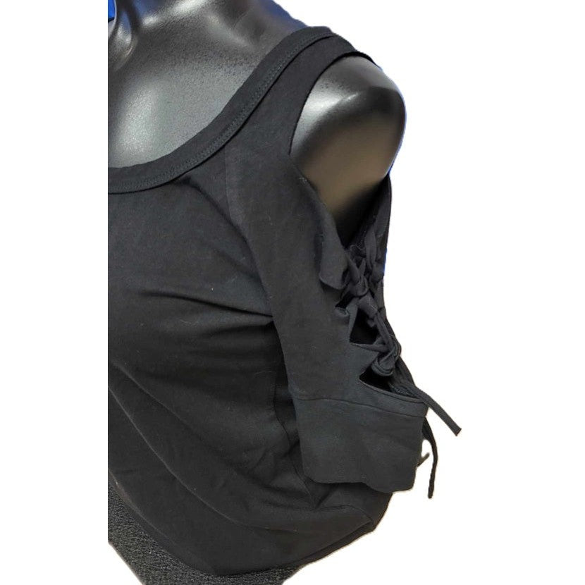 Cold Shoulder Shredded Lace Up T-Shirt side view