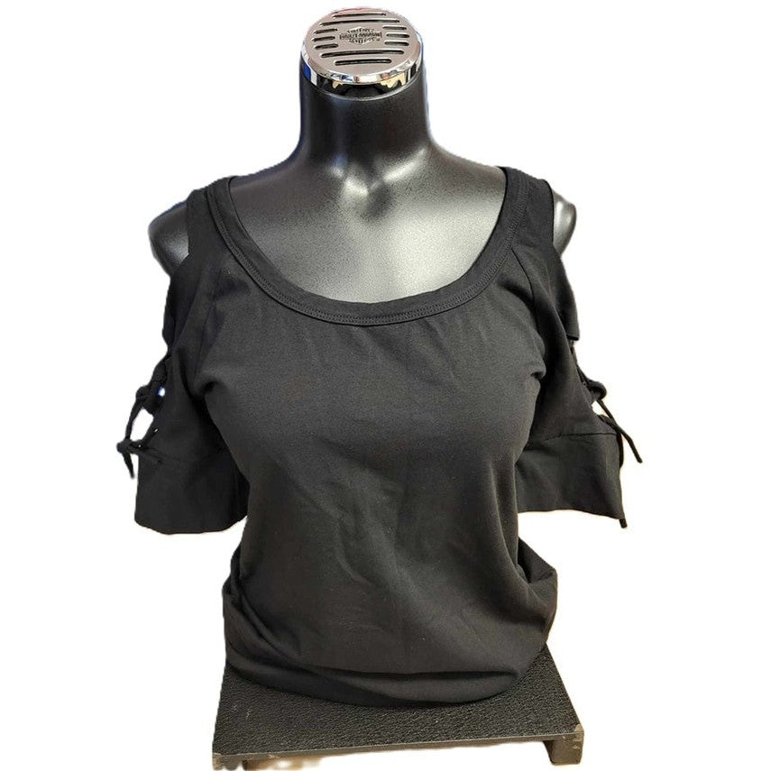 Cold Shoulder Shredded Lace Up T-Shirt front view