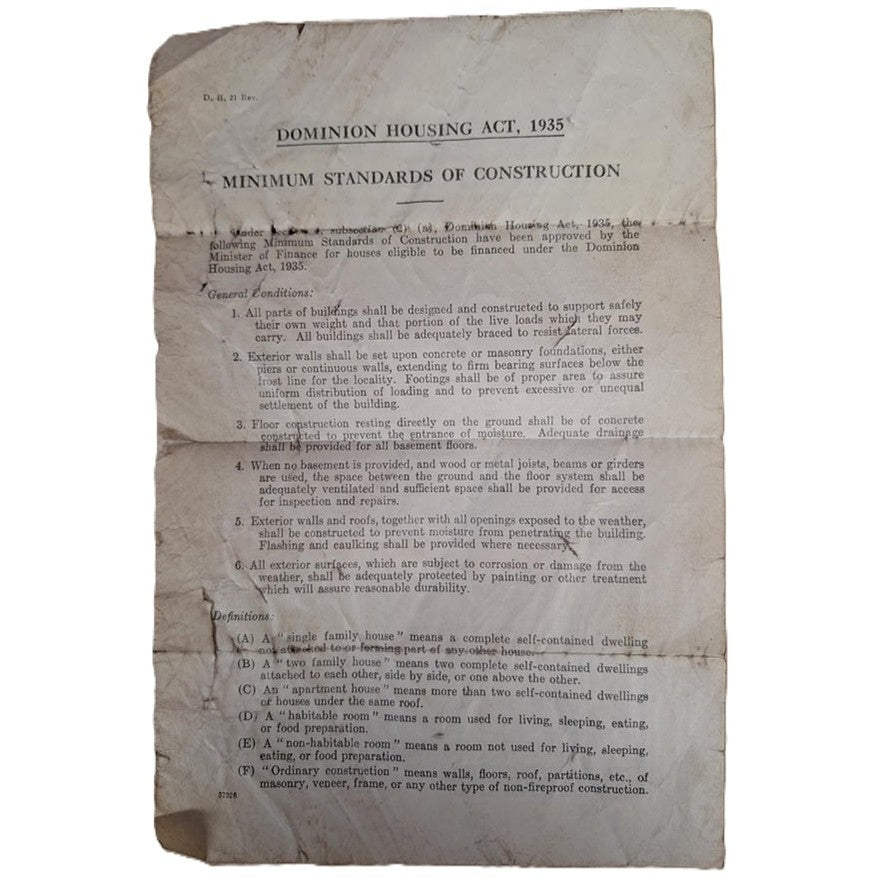 Dominion Housing Act - 1935 An Act to assist the Construction of Houses-Great Depression Canada