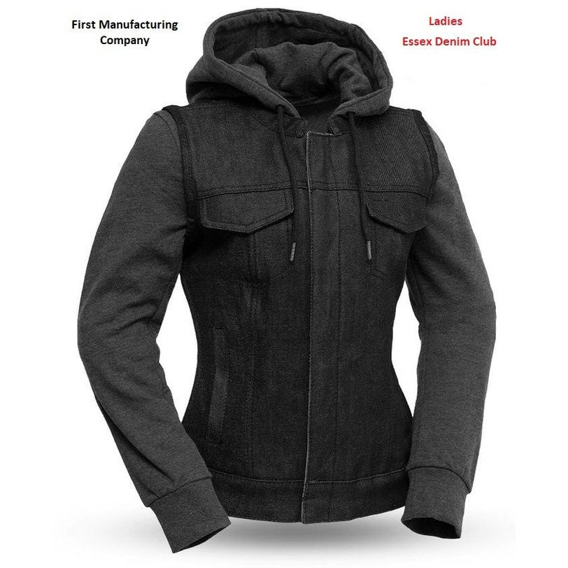 Essex Denim Women's Motorcycle Club Vest With Hoodie-01