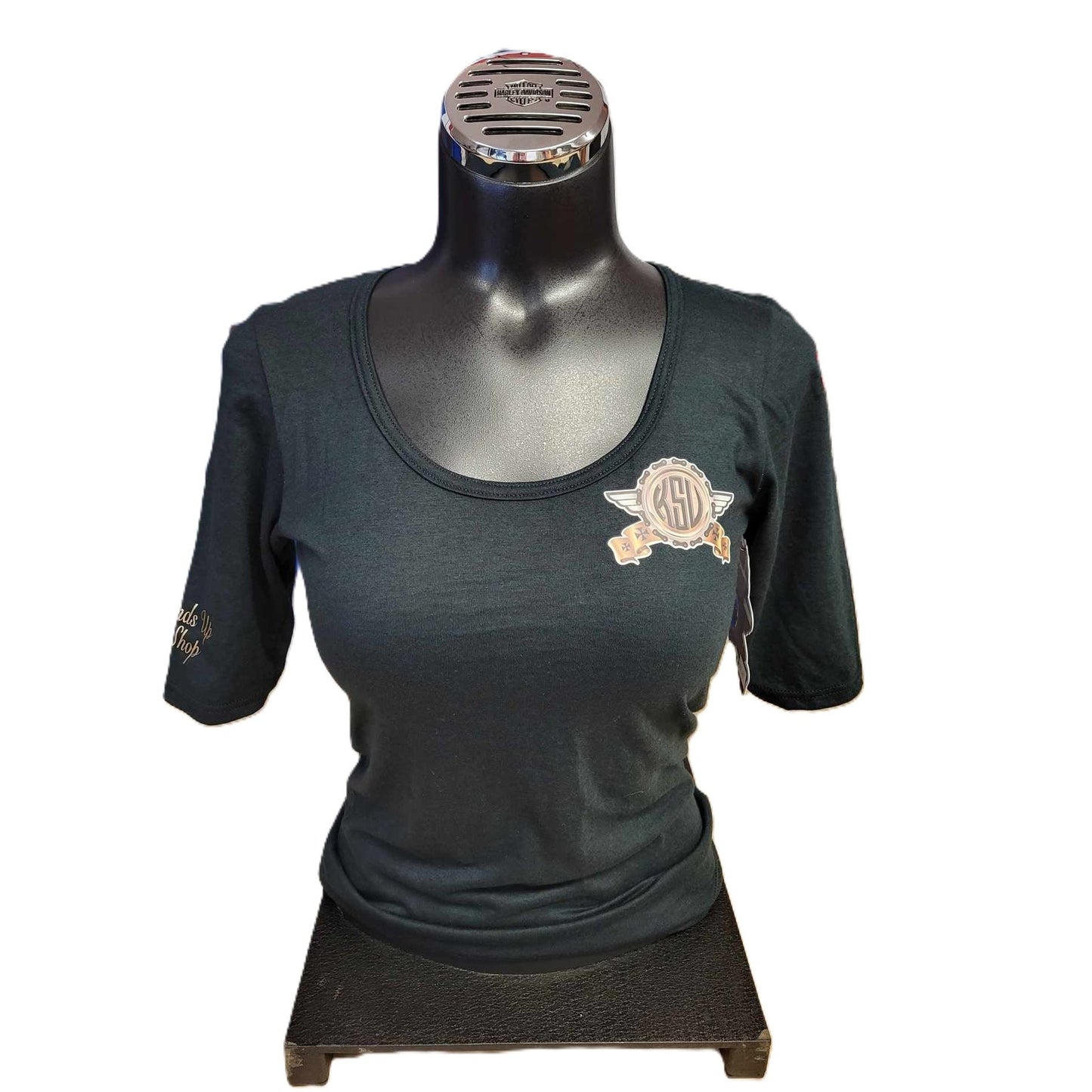 Front view of ladies scoop neck top