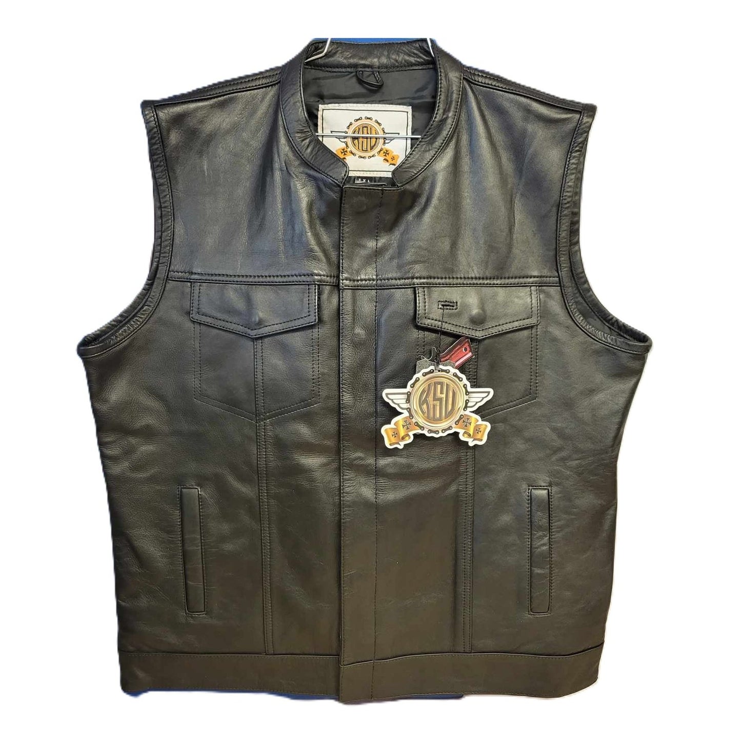 Kick Stands Up Biker Shop Men's Leather Motorcycle Club Vest-Collared