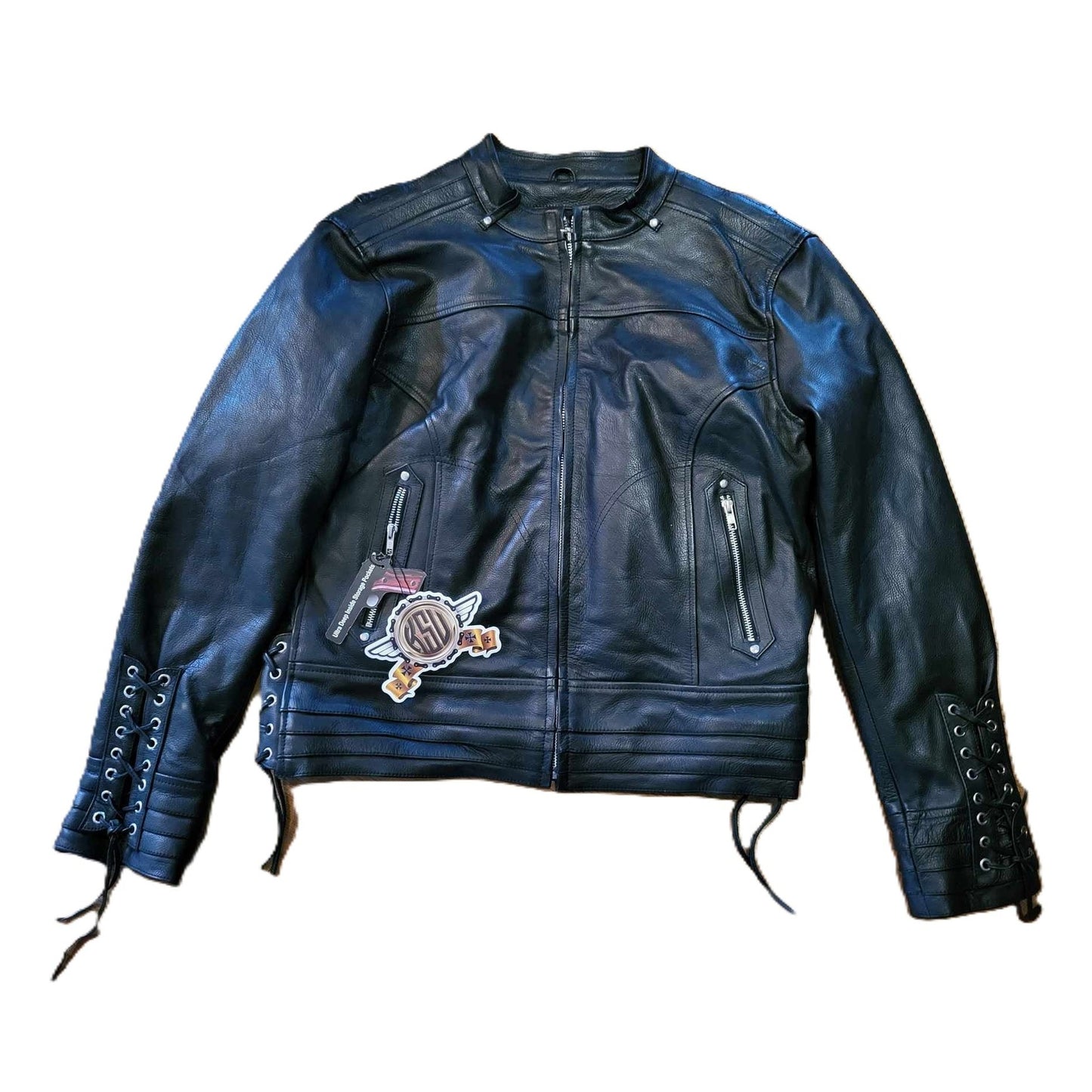 Ladies Leather Motorcycle Biker Jacket-Laced sleeve front view