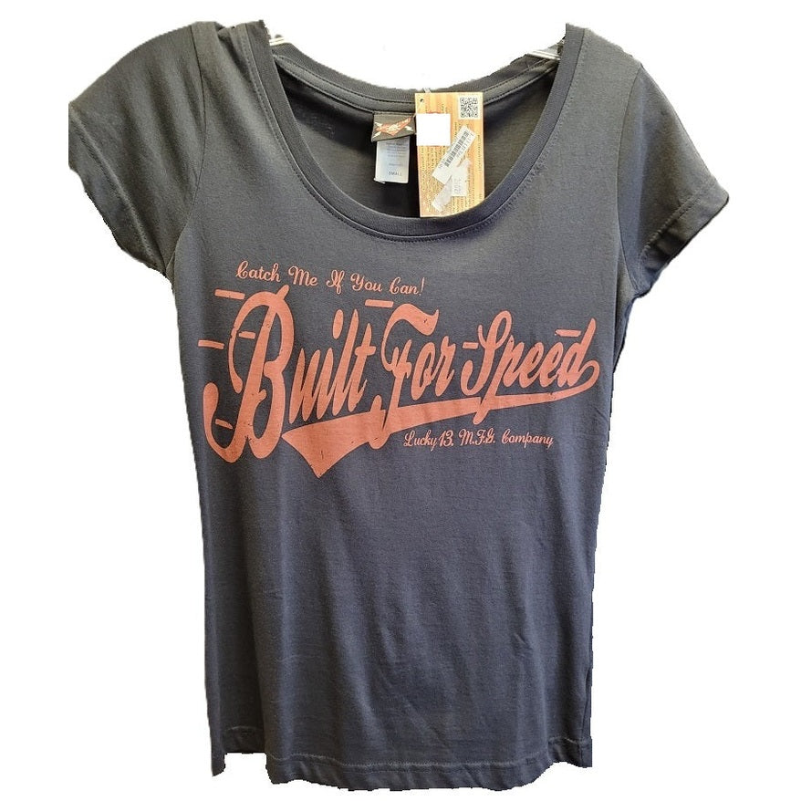 Lucky 13 Ladies Scoop Neck Princess Sleeve T-Shirt-Black- Built for Speed Small