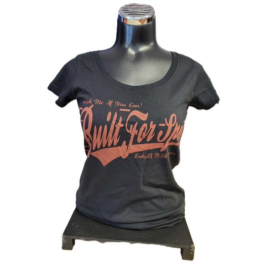 Lucky 13 Ladies Scoop Neck Princess Sleeve T-Shirt-Black- Built for Speed Small