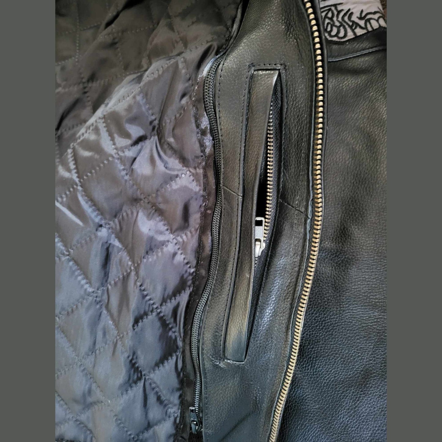 Men's Illuminating Skull Leather Motorcycle Biker Jacket view of inside pocket