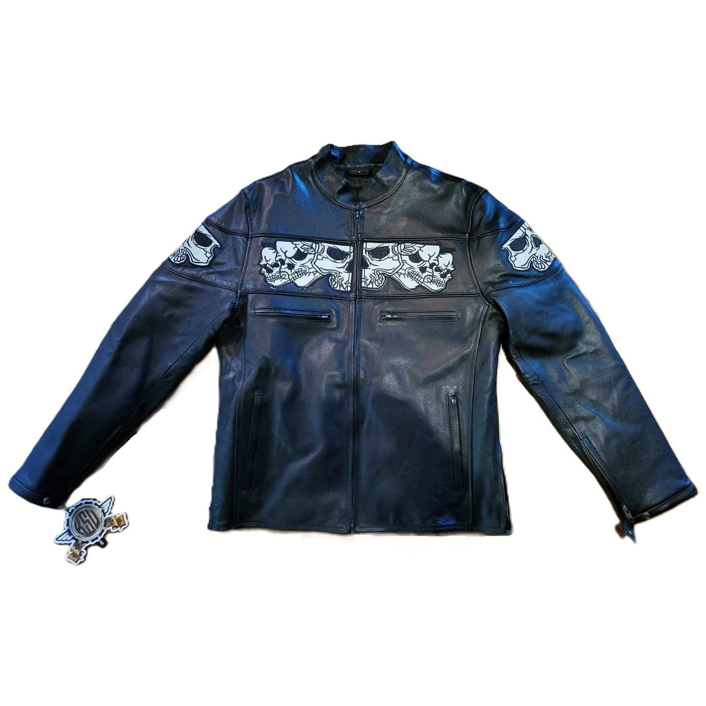 Men's Illuminating Skull Leather Motorcycle Biker Jacket front view