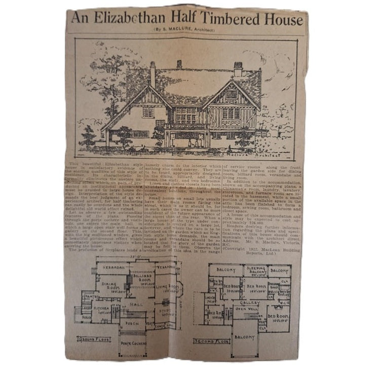 Vintage Newspaper Article 1927 Architech G. Maclure "An Elizabethan Half-Timbered House," Maclure Ephemera MacLean Building Reports, Ltd.