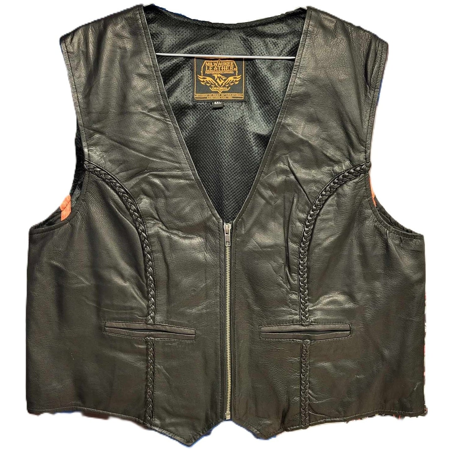 Milwaukee Ladies Leather Braided & Zipper V-neck Motorcycle Biker Vest