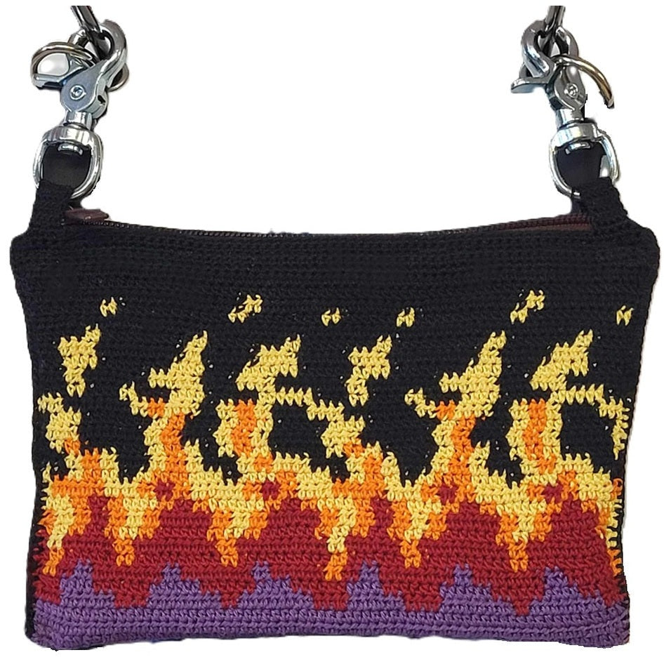 Nemesis Creations Hand Crocheted Biker Hip Purse w/Shoulder Strap-Black w/Flames