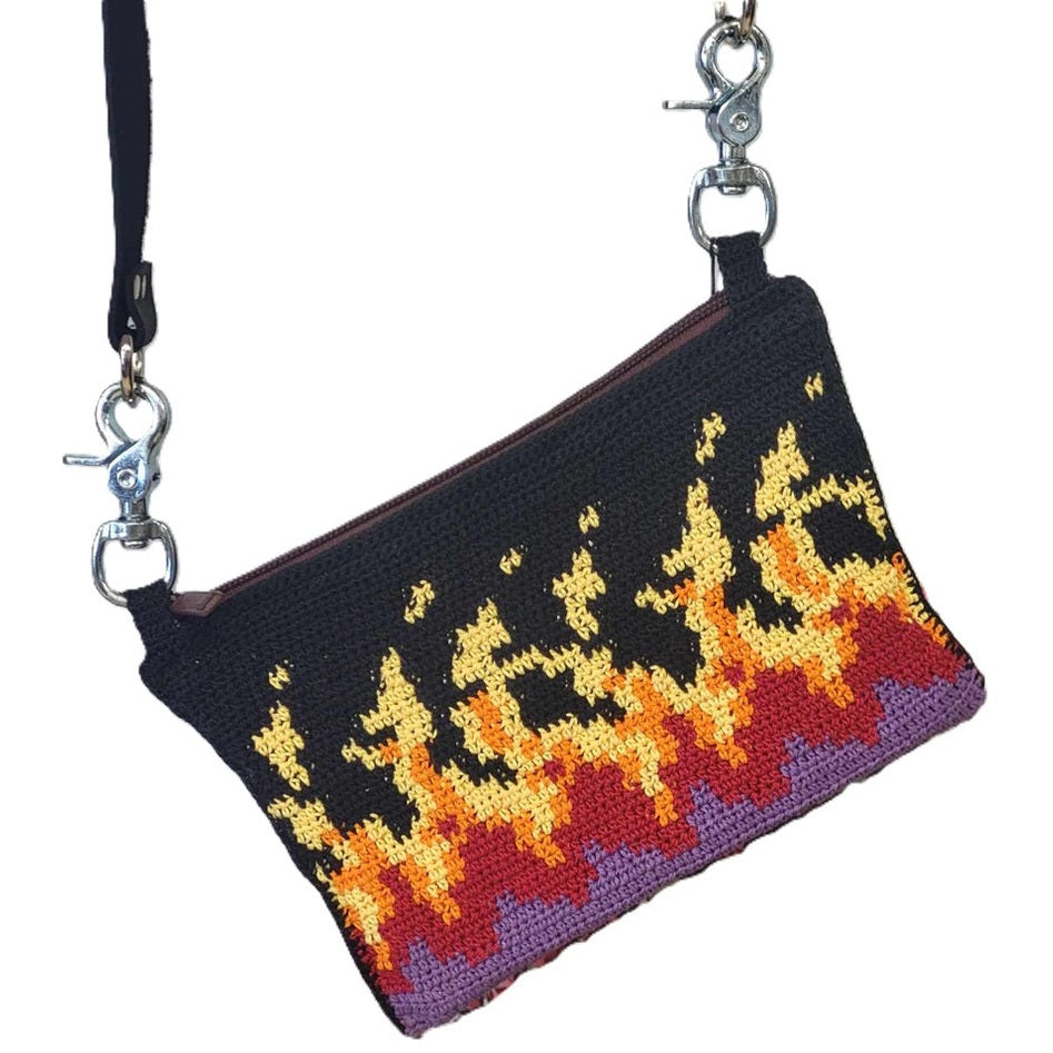 Nemesis Creations Hand Crocheted Biker Hip Purse w/Shoulder Strap-Black w/Flames