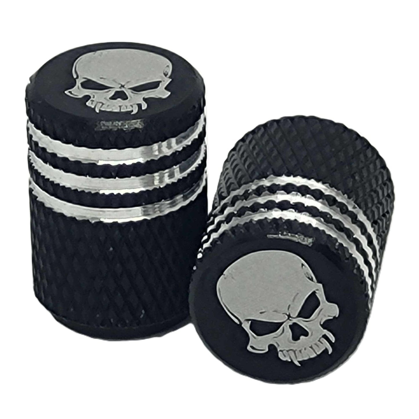 Aluminum Knurling Style Motorcycle Tire Valve Caps x 2-Black Skull