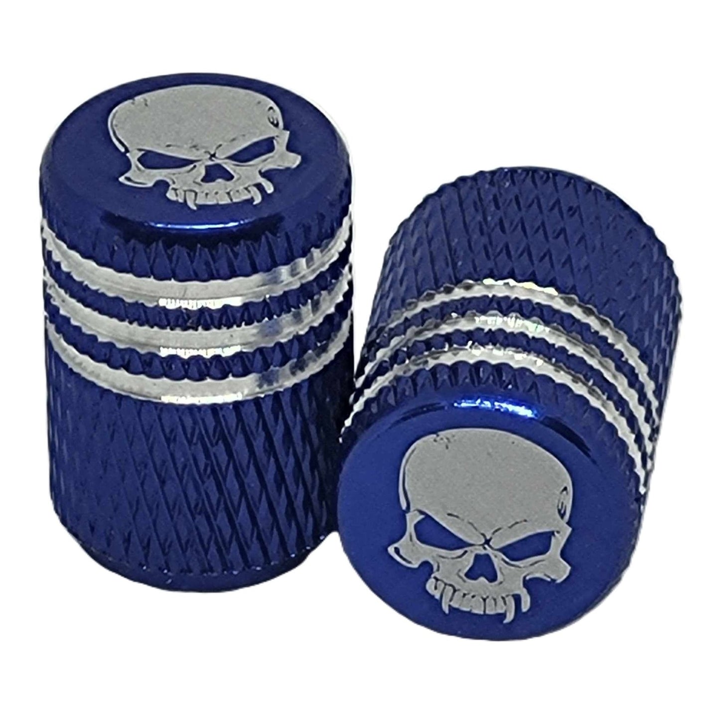Aluminum Knurling Style Motorcycle Tire Valve Caps x 2-Blue Skull