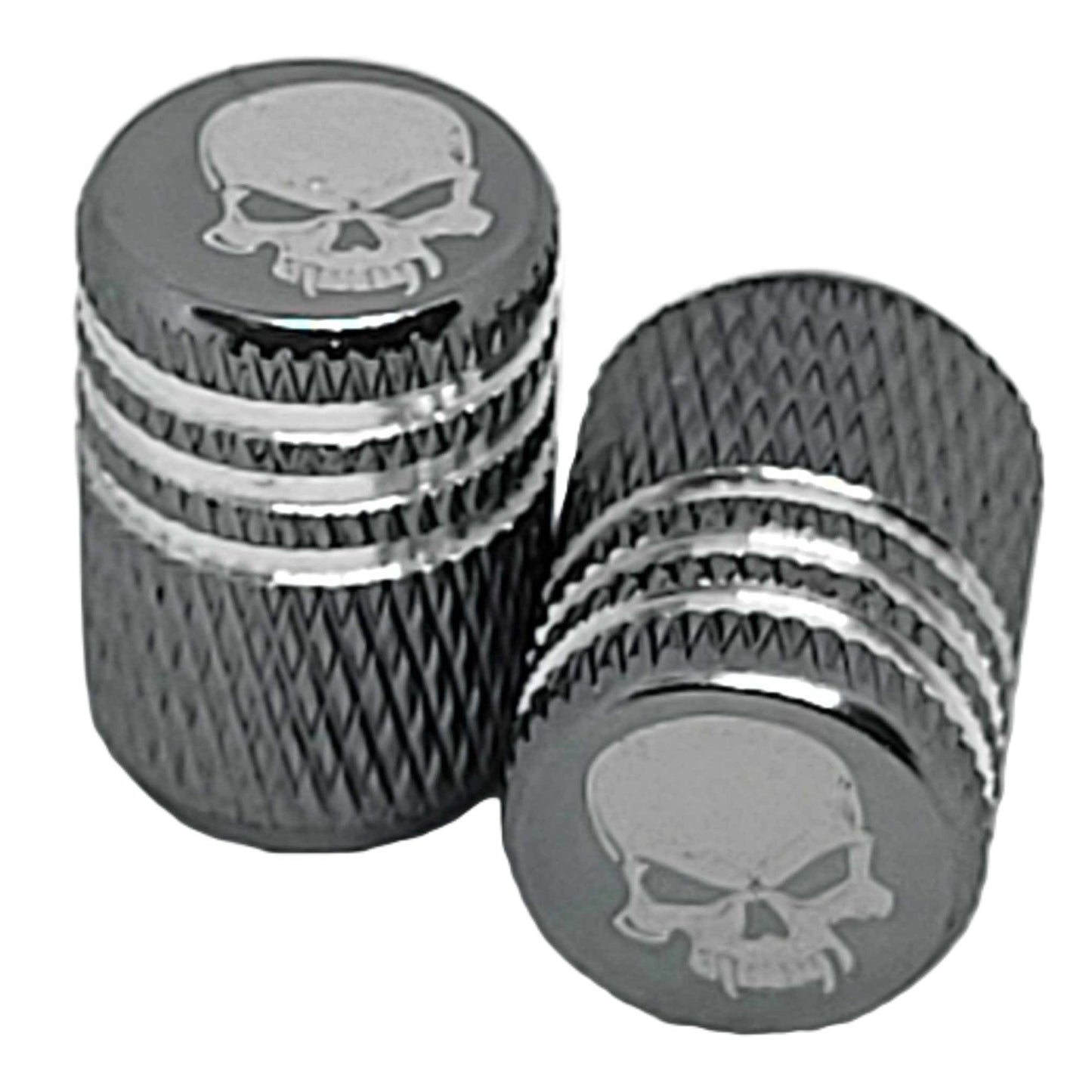 Aluminum Knurling Style Motorcycle Tire Valve Caps x 2-Dark Grey Skull