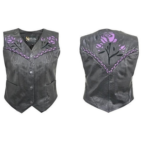 Xelement Ladies Leather Vest with Rose Inlay and Braid-Purple 4XL