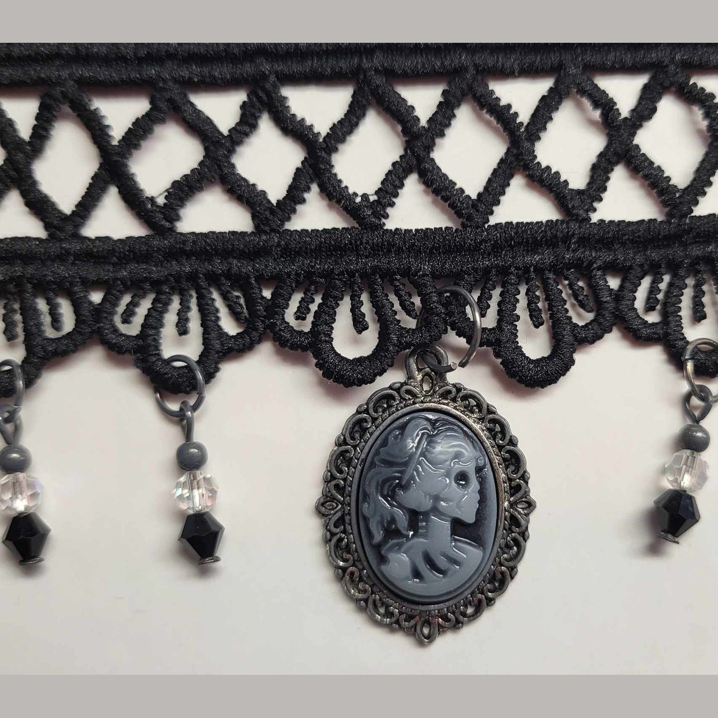 Hyde Creek Finery Black Lace Choker w/Skeleton Cameo closer view