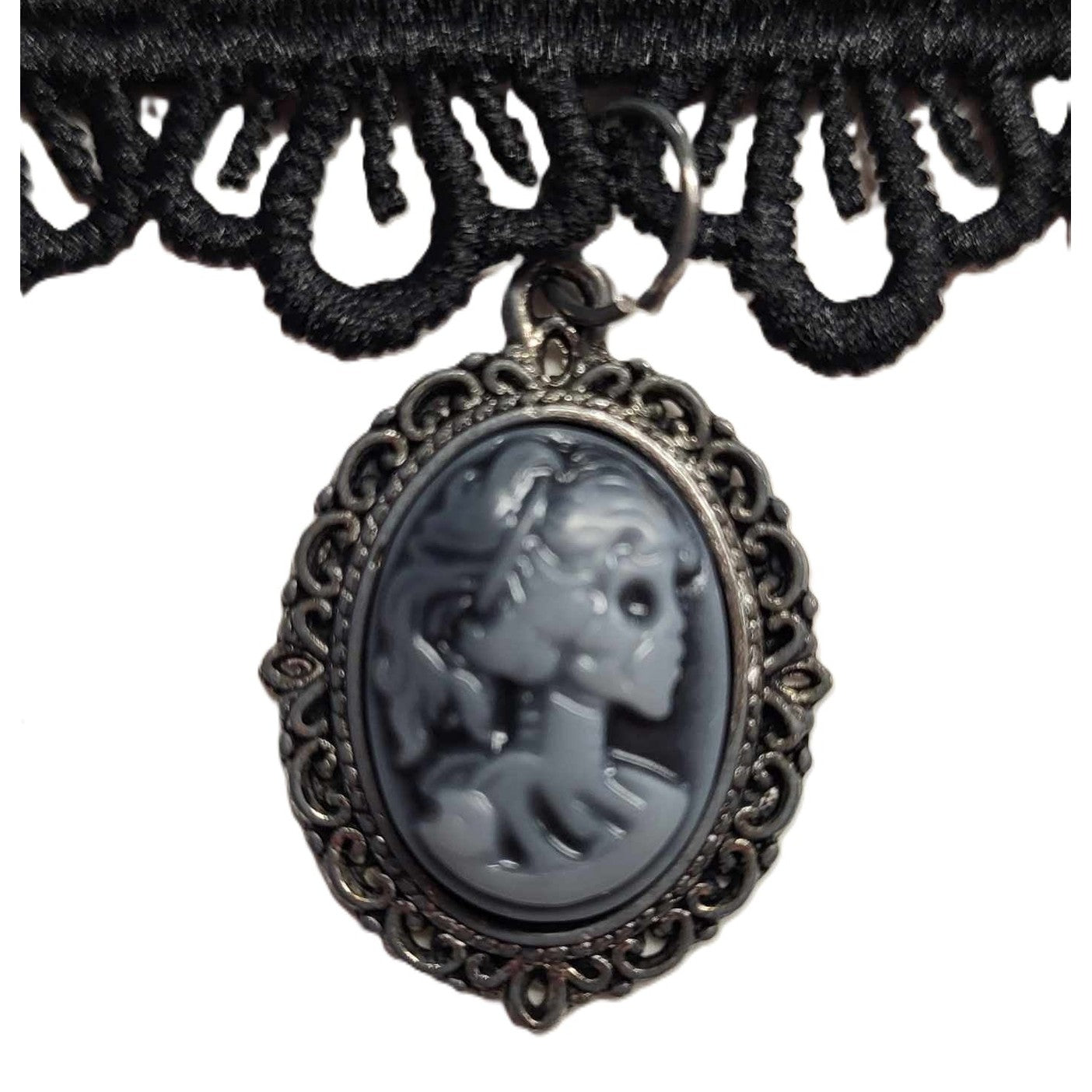 Hyde Creek Finery Black Lace Choker w/Skeleton Cameo closeup