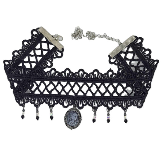 Hyde Creek Finery Black Lace Choker w/Skeleton Cameo