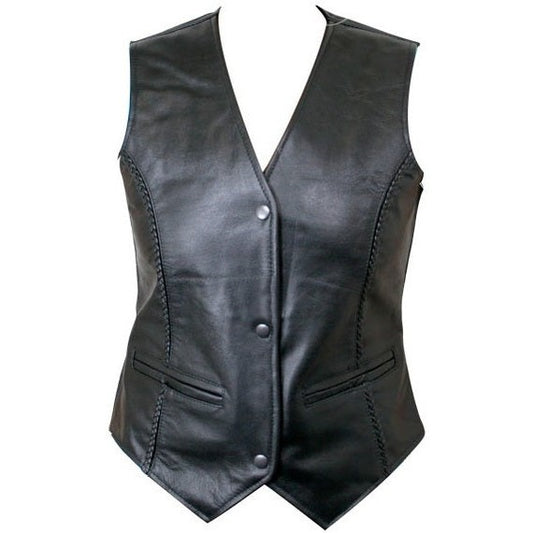 Xelement Ladies Leather V-Neck 3-Button Braided Motorcycle Vest