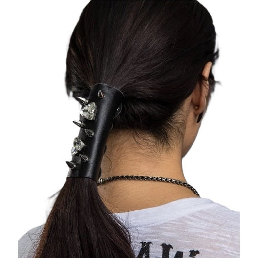 Hair Glove 4" Leather Hair Glove Wrap -Bullet Heads w/White Crystals