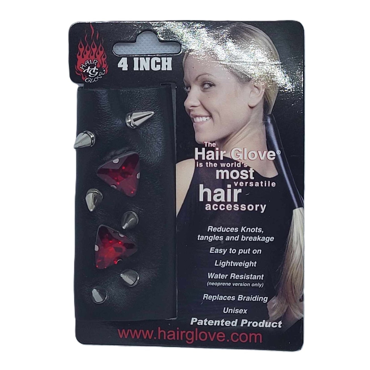Hair Glove 4" Leather Hair Glove Wrap -Bullet Heads w/Ruby Crystals on Card