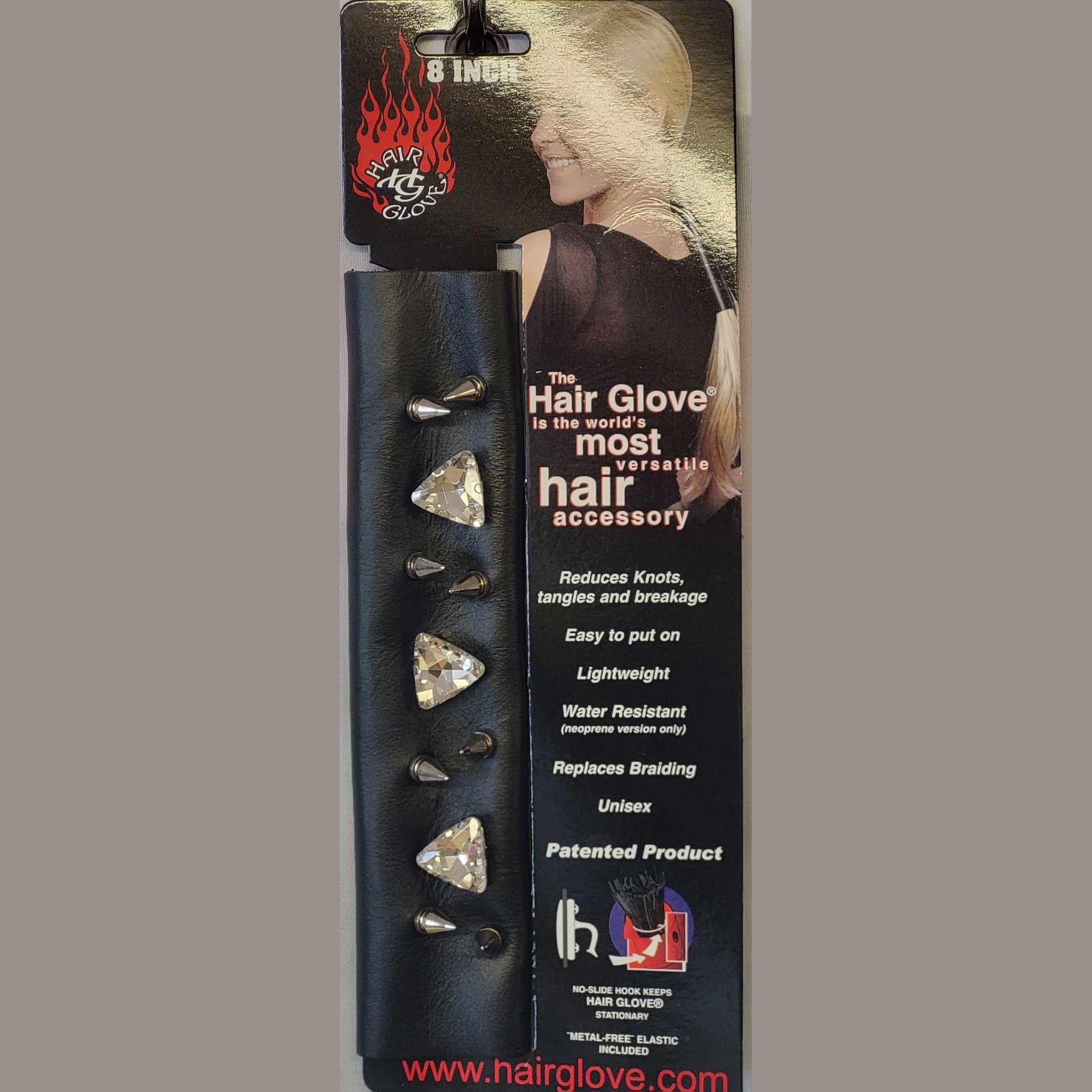 Hair Glove 8" Leather Hair Glove Wrap -Bullet Heads w/White Crystals on Card
